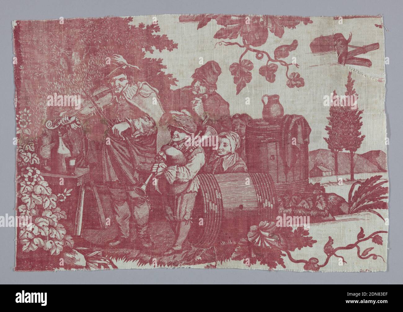 Fragment, Medium: cotton Technique: printed on plain weave; red, Fragment shows a man playing a violin and a boy playing bagpipes while a man and two children watch. Group is shown under trees near barrels., France, 18th century, printed, dyed & painted textiles, Fragment Stock Photo