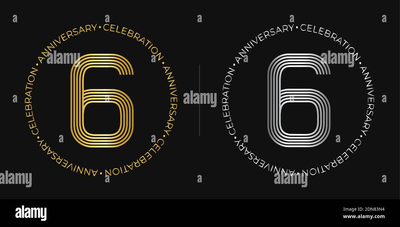 6th birthday. Six years anniversary celebration banner in golden and silver colors. Circular logo with original number design in elegant lines. Stock Vector