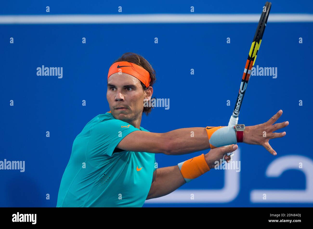 Spain Rafael Nadal competes during the Mubadala World Tennis Championship in Abu Dhabi, UAE, on January 2, 2015. Photo by Christophe Guibbaud/ABACAPRESS.COM Stock Photo