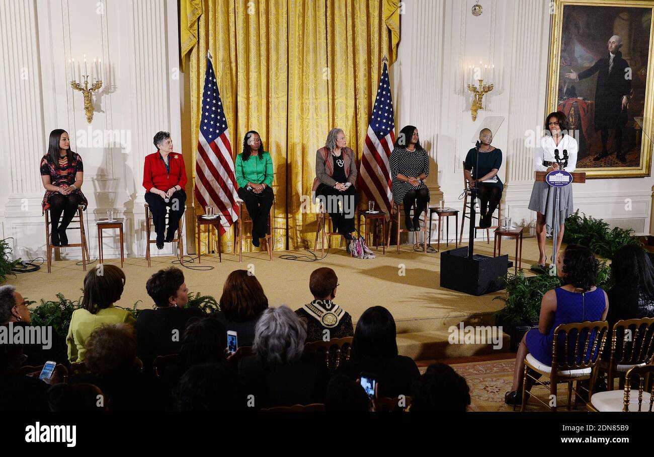 First Lady Michelle Obama delivers remarks as (L-R) Janaye Ingram, National Executive Director of the National Action Network, Charlotta Walls, member of the Little Rock Nine, Sherrillyn Ifill, President and Director-Counsel of the NAACP Legal Defense and Educational Fund, Charlayne Hunter-Gault, activist and journalist, Chanelle Hardy, National Urban League Senior Vice President, Vanessa DeLuca, Editor-in-chief of Essence Magazine look on at 'Celebrating Women of the Movement', an event honoring Black History Month, at the White House in Washington, DC, USA February 20, 2015. Photo by Olivier Stock Photo