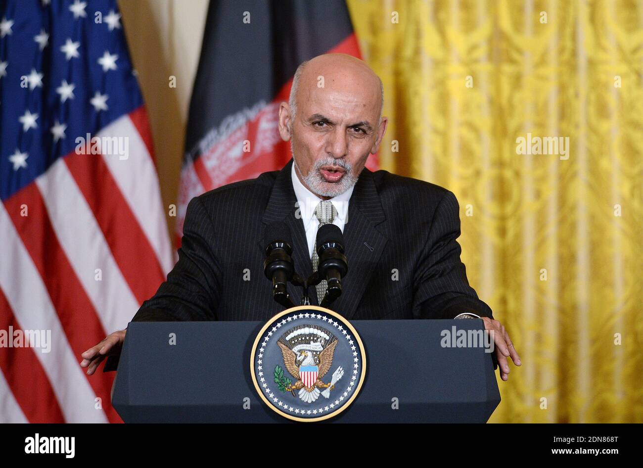 Afghan President Ashraf Ghani speaks during a joint press conference with President Barack Obama in the East Room of the White House on Tuesday, March 24, 2015, in Washington, DC, USA. Photo by Olivier Douliery/ABACAPRESS.COM Stock Photo