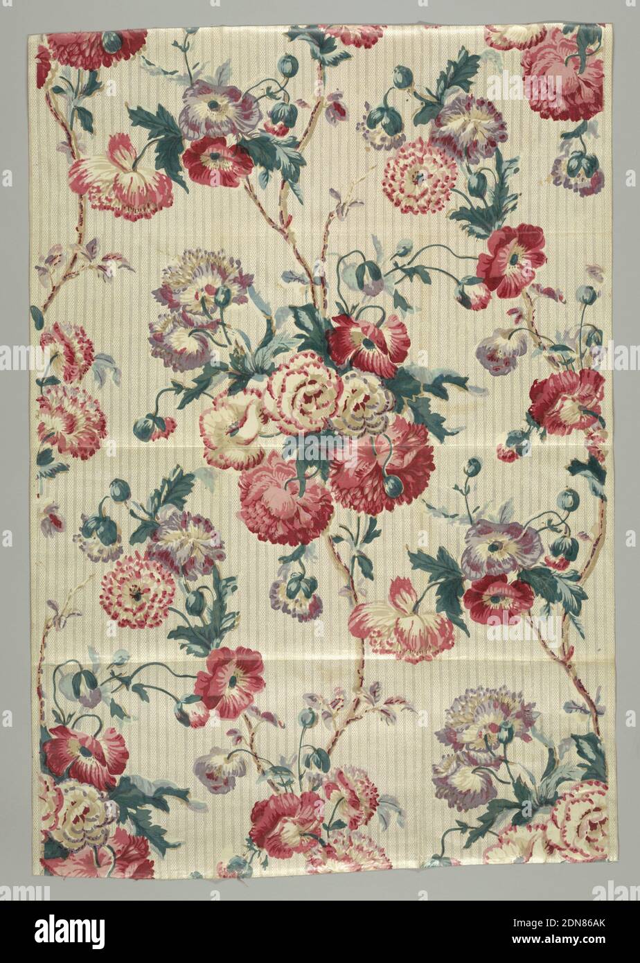 Textile, Medium: cotton Technique: printed on plain weave, glazed, Large-scale floral motifs in polychrome on an off-white, striped ground., England, late 19th century, printed, dyed & painted textiles, Textile Stock Photo