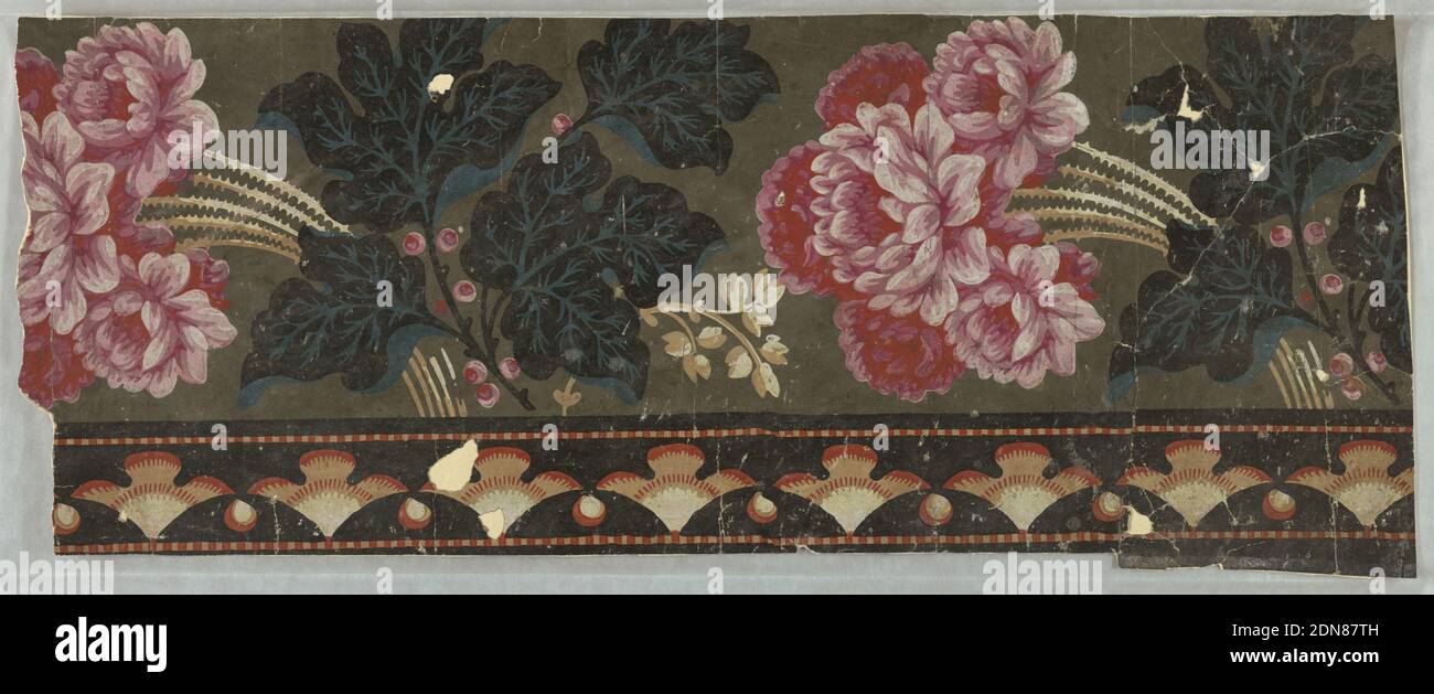 Border, Block-printed on paper, Peony-like flowers alternating with berry foliage. Bottom edging consists of fans alternating with dots and striped bands., France, 1830–40, Wallcoverings, Border Stock Photo