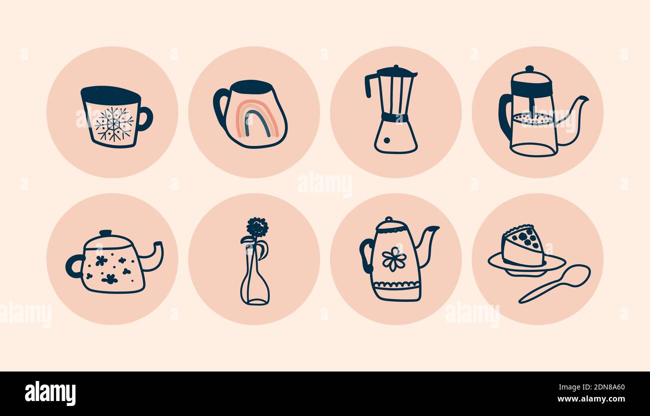 Highlights covers, posts and stories for social media. Round icons of kitchen utensils mug, kettle, coffee maker, cake in beige and blue. Vector flat Stock Vector