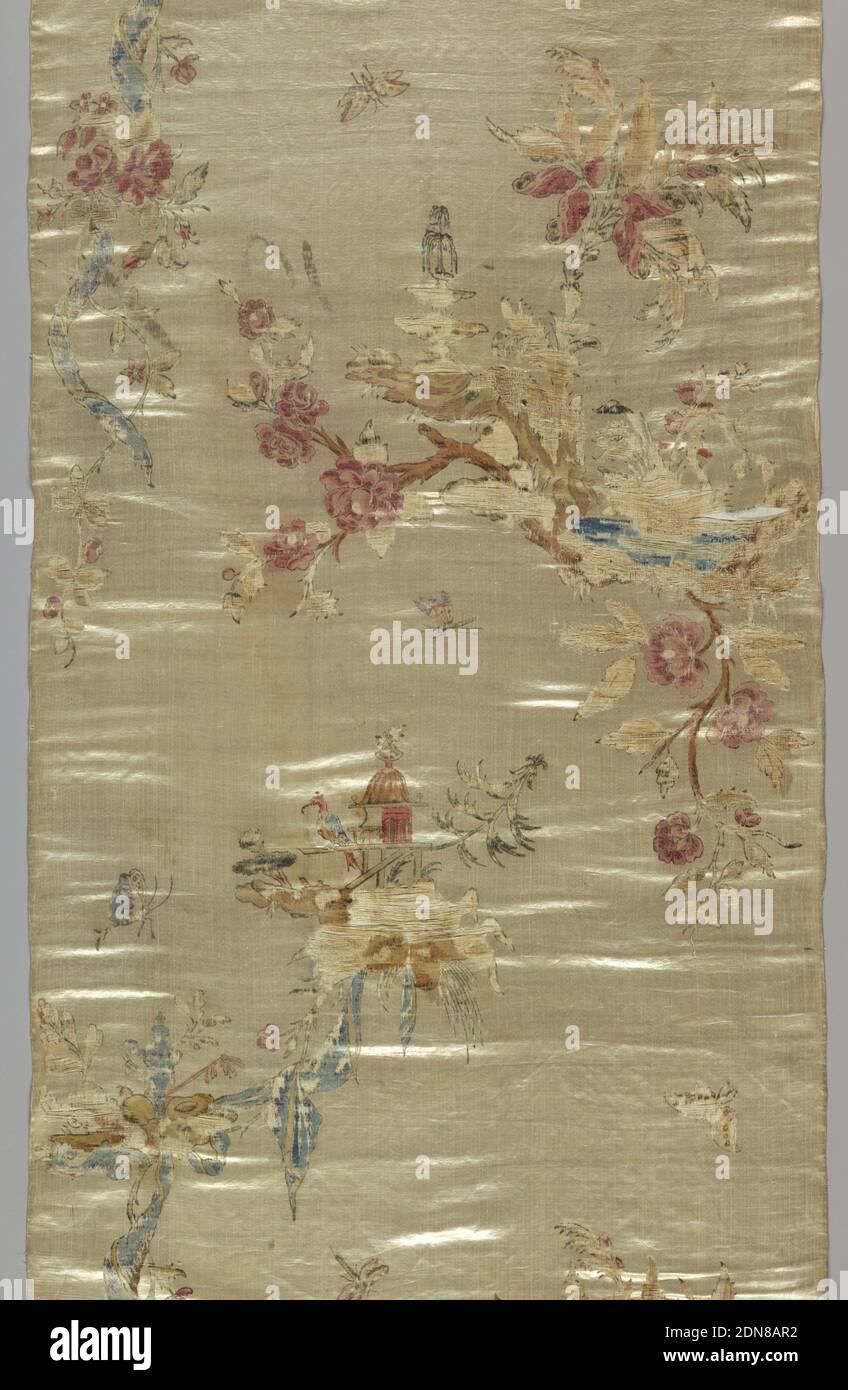 Textile, Medium: silk Technique: painted on satin weave, Cream-colored satin ground painted with Chinoiserie design of birds, pagodas, flowers and insects., France, 18th–19th century, printed, dyed & painted textiles, Textile Stock Photo