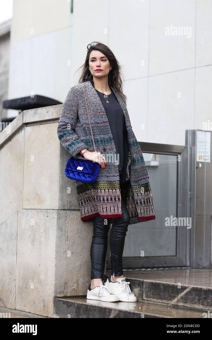 Street style, Estelle arriving at Elie Saab Spring-Summer 2015 Haute Couture collection show held at Palais de Chaillot in Paris, France, on January 28th, 2015. She is wearing Zara coat and pants, vintage bag and Adidas sneakers. Photo by Marie-Paola Bertrand-Hillion/ABACAPRESS.COM Stock Photo