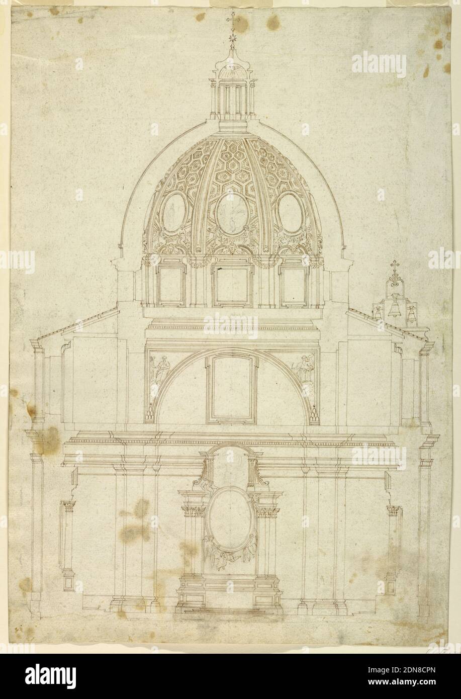 Cross section of church of S. Tommaso da Villanova, Giovanni Lorenzo Bernini, 1598 – 1680, Pencil, pen, and bistre ink on paper, Cross section of a church with a cupola, S. Tommaso da Villanova at Castelgandolfo. The altar with the frame of an oval painting supported by angels. Above the entablature the star and mountains, charges of the coat of arms of Pope Alexander VII. Two evangelists sitting upon clouds. On the roof, at right, the bell gables., Italy, ca. 1655–67, architecture, Drawing Stock Photo