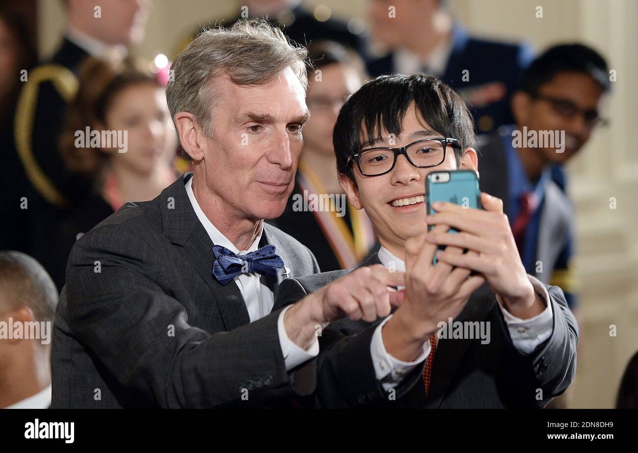 William Sanford 'Bill' Nye , popularly known as Bill Nye the Science Guy takes a selfie with a studentin the Roosevelt Room of the White House during the 2015 White House Science Fair in Washington, DC, USA, on March 23, 2015. Photo by Olivier Douliery/ABACAPRESS.COM Stock Photo