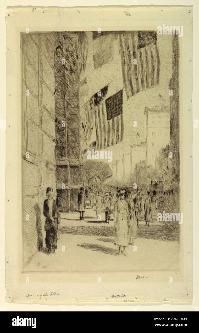 Avenue of the Allies, Childe Hassam, American, 1859–1935, Etching on wove paper, Fifth Avenue at 59th Street in New York, looking North. The buildings have flags for the Armistice parade., USA, 1918, architecture, Print Stock Photo