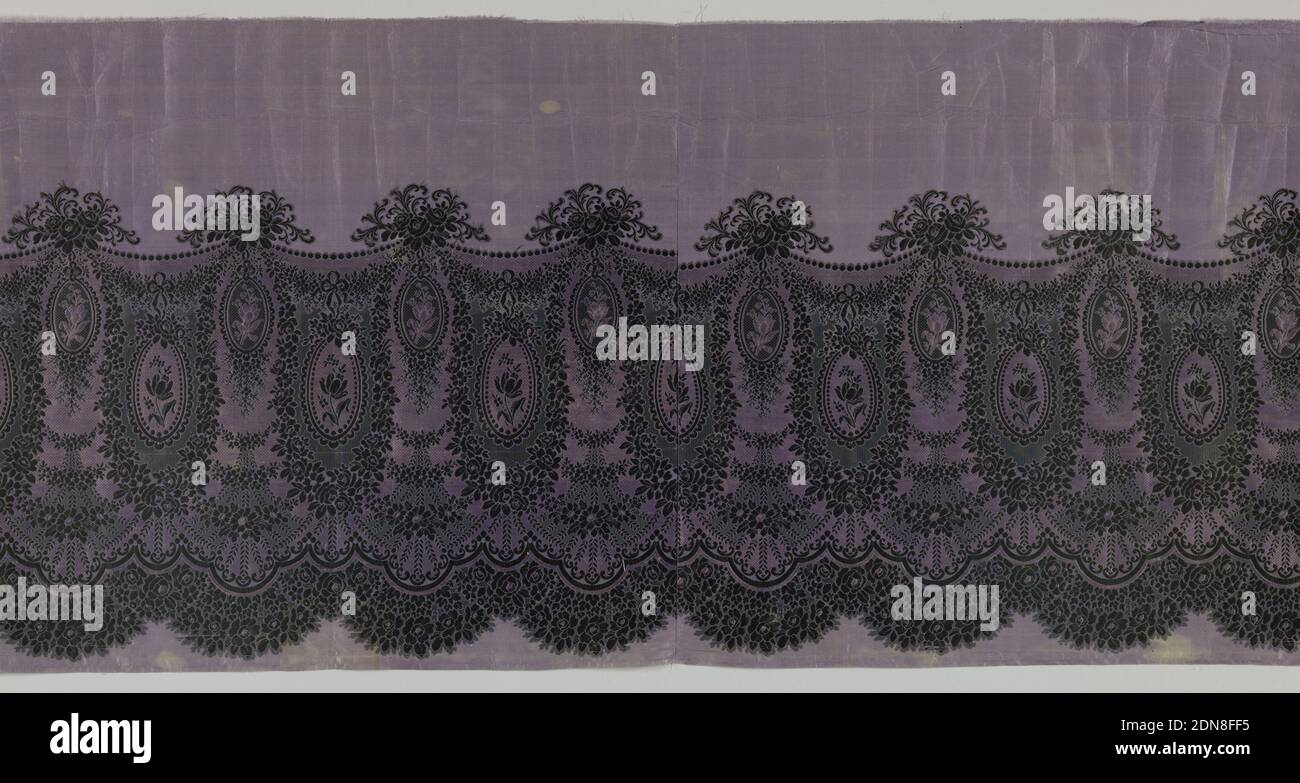 Textile, Medium: silk Technique: plain weave (purple) patterned by floats of a continuous supplementary weft (black). The two wefts exchange functions allowing the foundation weft (purple) to float on the front, France, 1860s, woven textiles, Textile Stock Photo