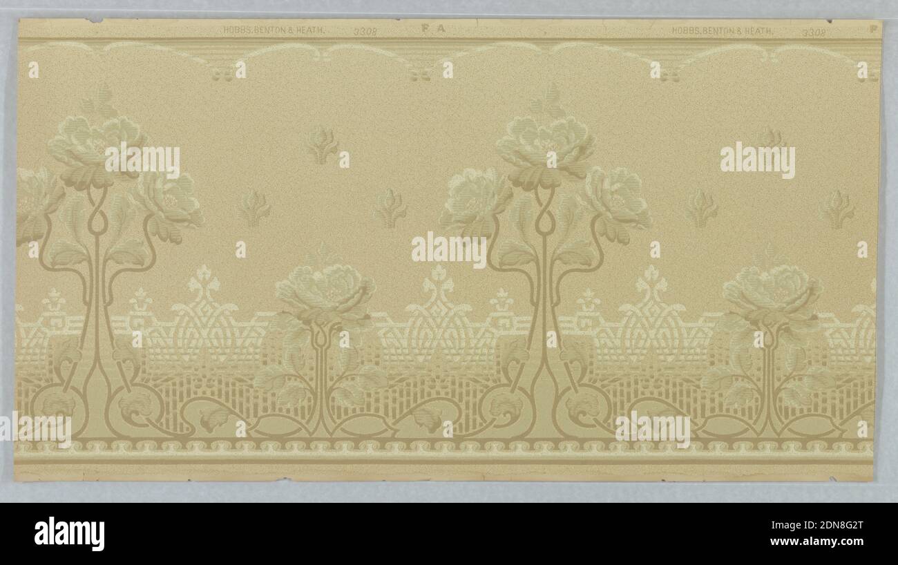 Frieze, Hobbs, Benton & Heath, Hoboken, New Jersey, Machine-printed paper, Design of roses linked by flowing and intertwining stems. Background has thick lines that intertwine to create medallion forms. Top border edged with simplified rinceau. Background stipled and has small lines creating texture. Printed in shades of green on a tan background., Hoboken, New Jersey, USA, 1905–1915, Wallcoverings, Frieze Stock Photo