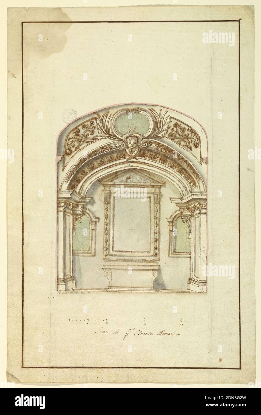Project for the decoration of a chapel, Black chalk, pen, ink, brush, and grey, brown, greenish and rose water colors on paper., Vertical composition of a decorated chapel with framing lines. An arch and a section of a vaulted ceiling are shown in the foreground. The ceiling is decorated with an ovoidal frame with a chest, two palms branches and two panels with twigs. The altar is seen at the back wall with a mensa and a picture fram with a triangular pediment. Niches are shown on both sides. A measurement is inscribed in the pilaster on the right. Stock Photo