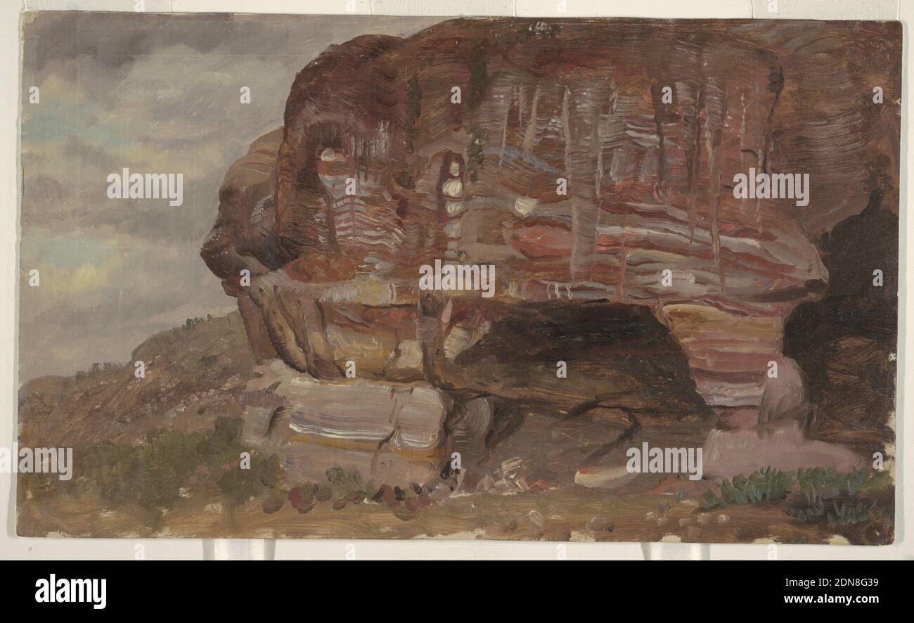 Study of a Zoomorphic Rock, Petra, Frederic Edwin Church, American, 1826–1900, Brush and oil, graphite on paperboard, A large reddish-brown rock, with architectural carving, in the right foreground. Two caves are shown at its base. A hill ridge is shown in the left distance. Cloudy sky., USA, 1868, landscapes, Drawing Stock Photo