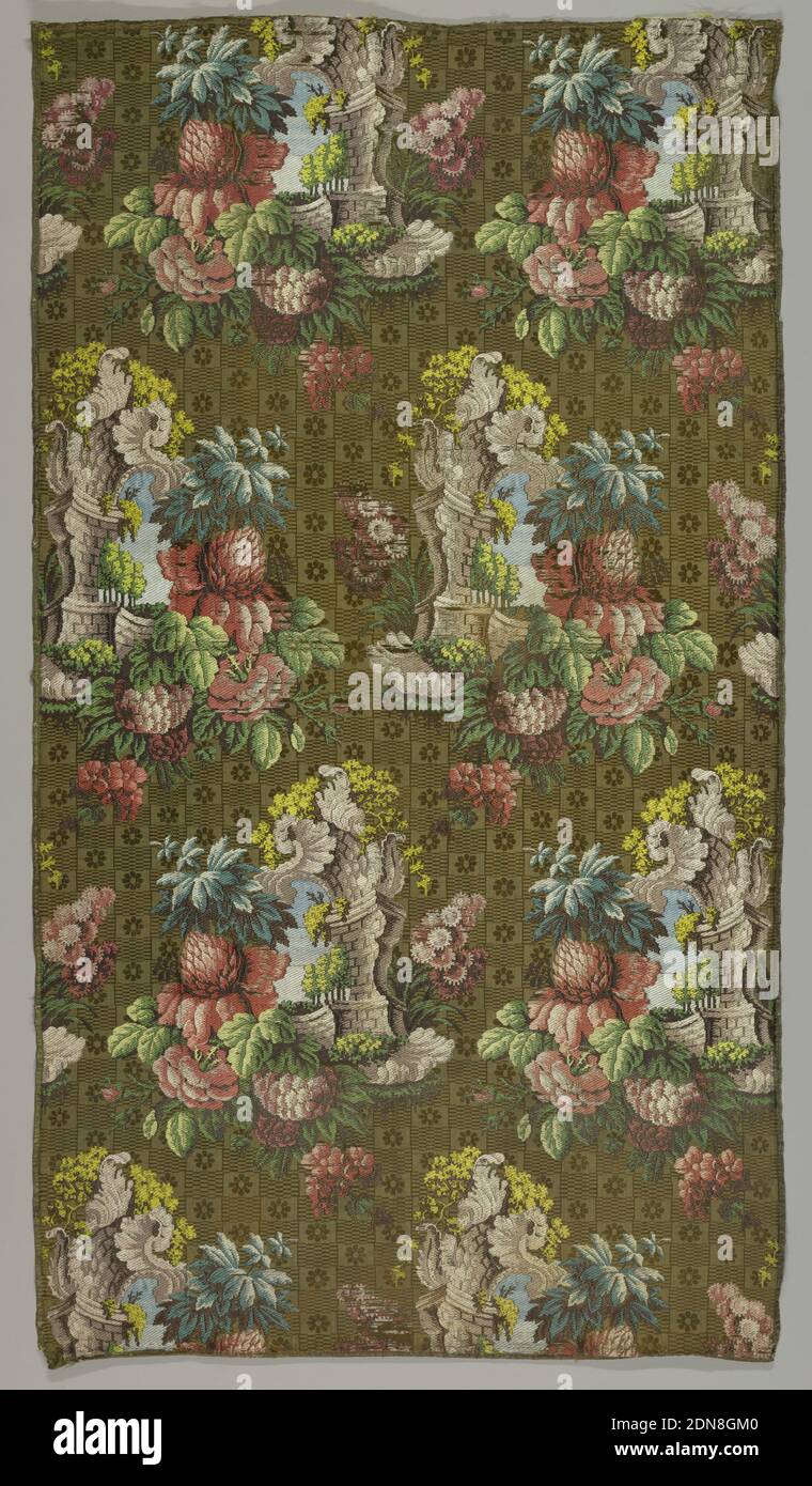 Textile, Medium: silk Technique: compound satin weave with supplementary weft, Length of light brown satin with a ground pattern of small rectangles containing alternately a single rosette or small checkboard pattern. Over this ground are large-scale repeats in alternate horizontal rows of two versions of a crumbling arch with sky behind and a bunch of large flowers in twilled flosses in blue and yellow-greens, beige, tan, dark brown, rust red, pink, and blue., France, early 18th century, woven textiles, Textile Stock Photo