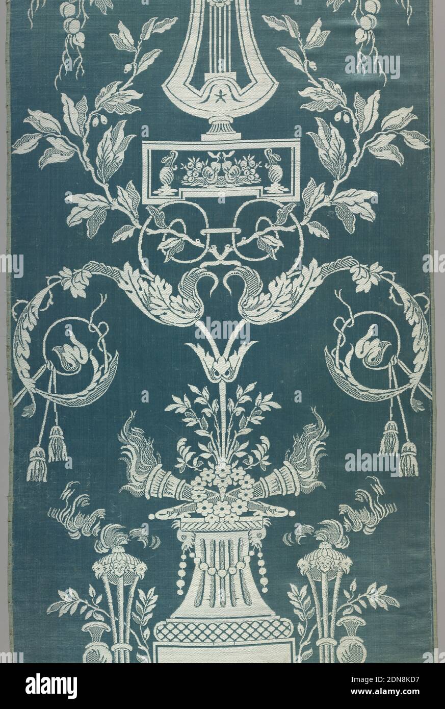 Textile, Medium: silk Technique: drawloom woven; lampas: 7&1 satin plus 1+3 twill, Neo-classic design of trophies, a lyre, and flower basket. Pale blue and white., Lyon, France, 1785–95, woven textiles, Textile Stock Photo