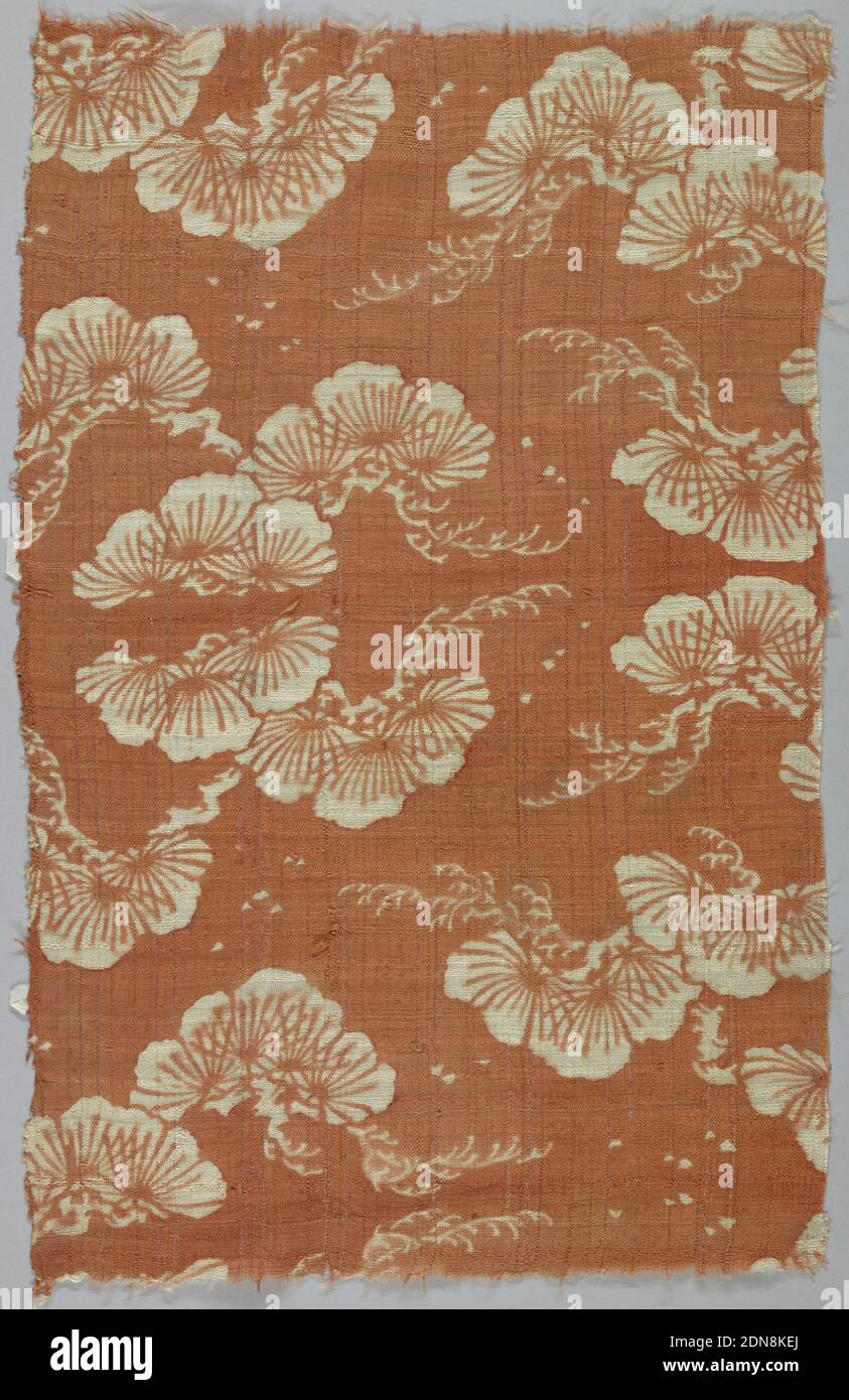 Textile, Medium: silk Technique: resist, Coarsely-woven orange ground with widely spaced warp ribs has a design in reserve white of snow-covered pine branches. One narrow selvedge more tightly woven than ground., probably Kyoto, Japan, 1614–1868, printed, dyed & painted textiles, Textile Stock Photo