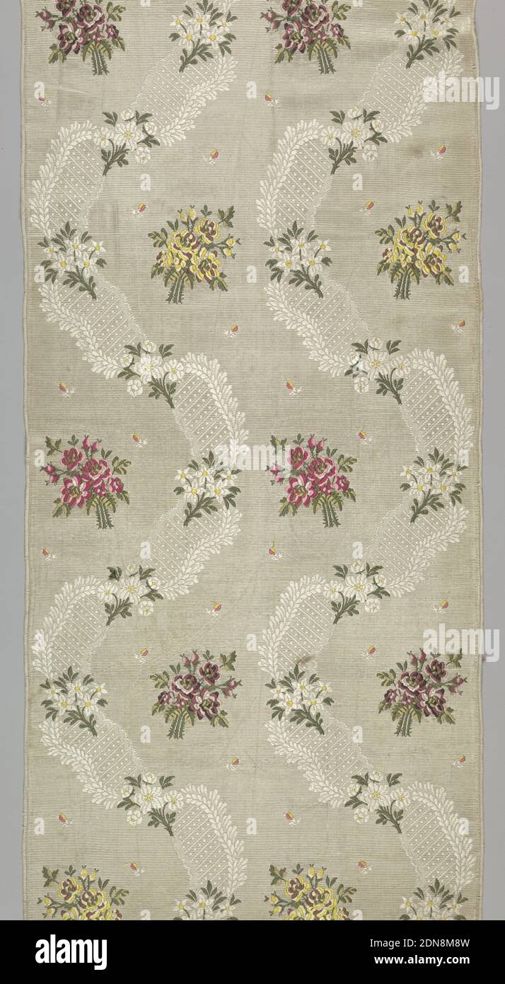 Textile, Medium: silk Technique: warp-faced plain weave with supplementary warp floats (background) and supplementary weft, Nineteenth century machine-made copy of Louis XV-style fabric. Cream ribbed silk with wavy S-shaped ribbons and brocaded floral clusters in several color combinations: red, pink and green; yellow, cream and brown; and yellow and white. Scattered buds throughout in yellow and coral., early 19th century, woven textiles, Textile Stock Photo