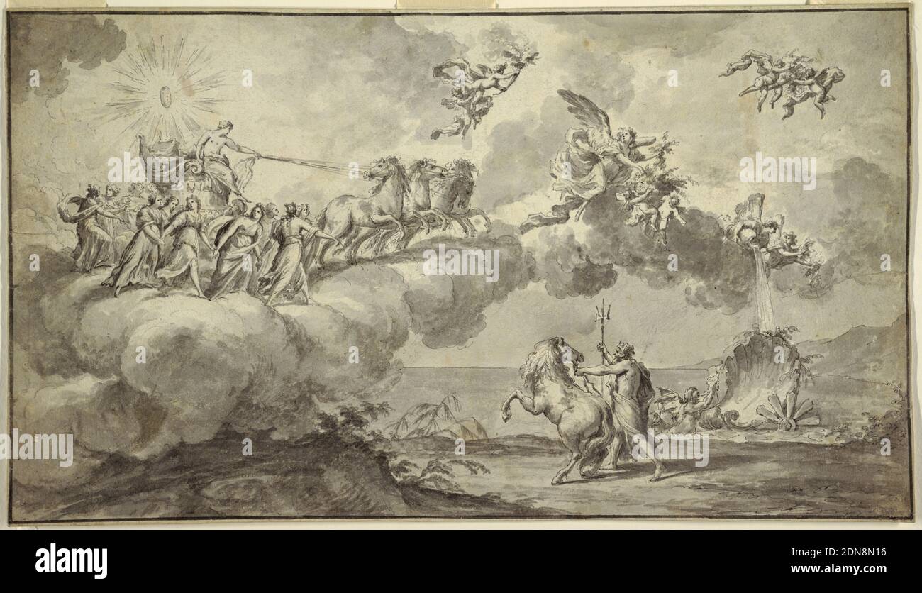 Tapestry Design: Apollo in his Chariot Led by Aurora, Fedele Fischetti, Italian, 1734 - 1789, Pen and brush and black ink, gray wash on off-white laid paper, ruled border in pen and black ink, lined, Design is based on Guido Reni's 'Aurora,' Palazzo Rospigliosi, Rome. The clouds rise from the sea and carry Apollo in his chariot. He is accompanied by the Hours; the group is preceded by Aurora and two genii holding a jar and flowers. In the lower right, Neptune stands onshore; he holds the reigns of his horse and his trident., Italy, 1760–89, textile designs, Drawing Stock Photo