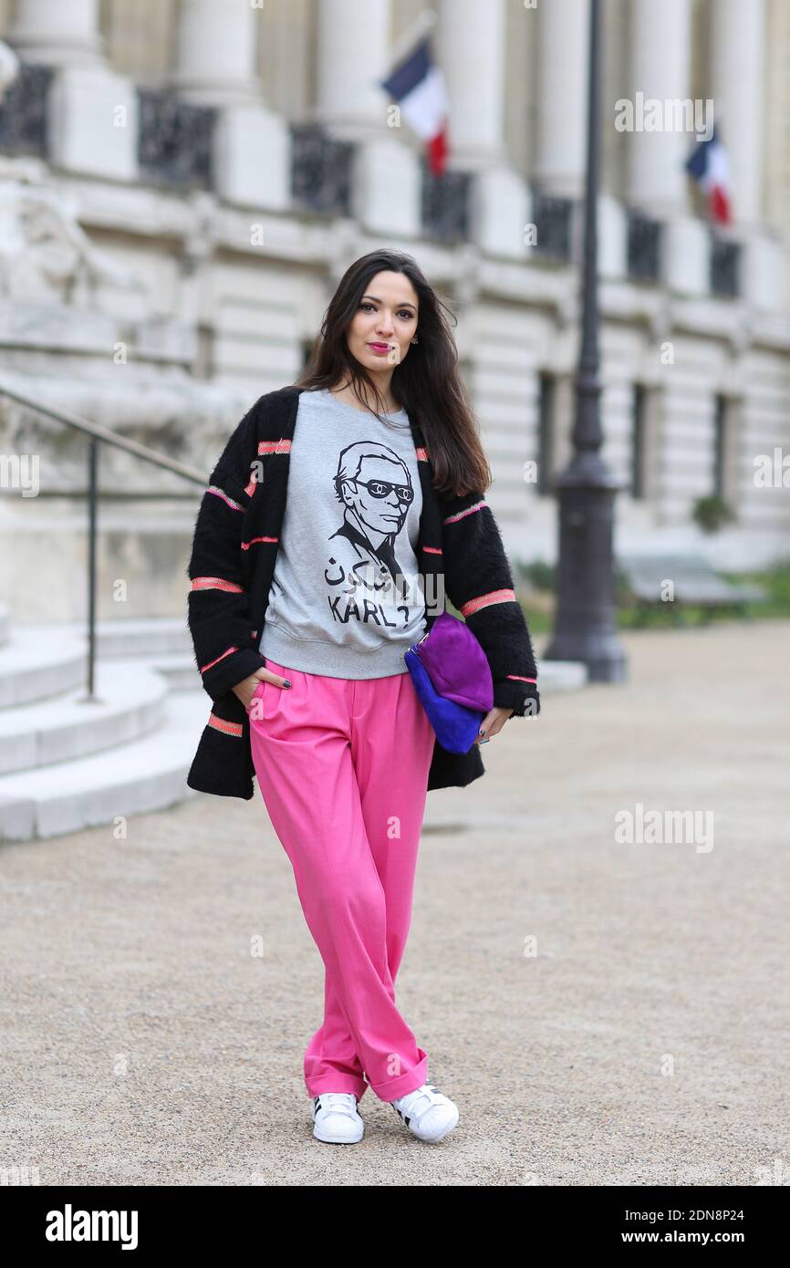 Street style, Sofya Benzakour, fashion blogger (www.lacouleurdumoment.com)  arriving at Chanel Spring-Summer 2015 Haute Couture collection show held at  Le Grand Palais in Paris, France, on January 27th, 2015. She is wearing  Maysab