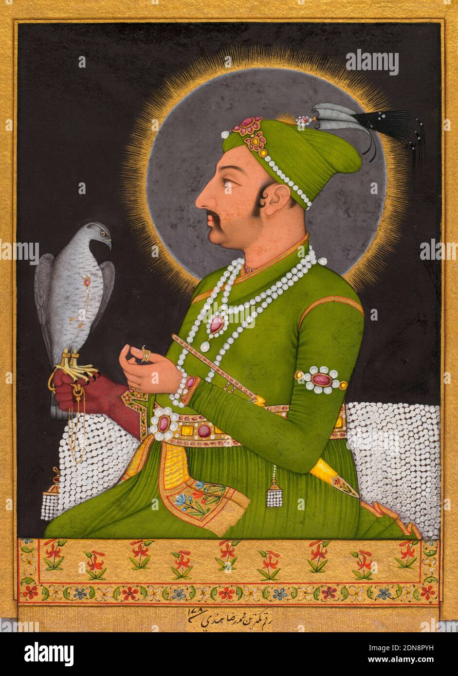 Posthumous portrait of the Mughal emperor Muhammad Shah (reigned 1719-1748) holding a falcon by Muhammad Rizavi Hindi (Indian, active mid-1700s), 1764, Indian and Southeast Asian Art Stock Photo