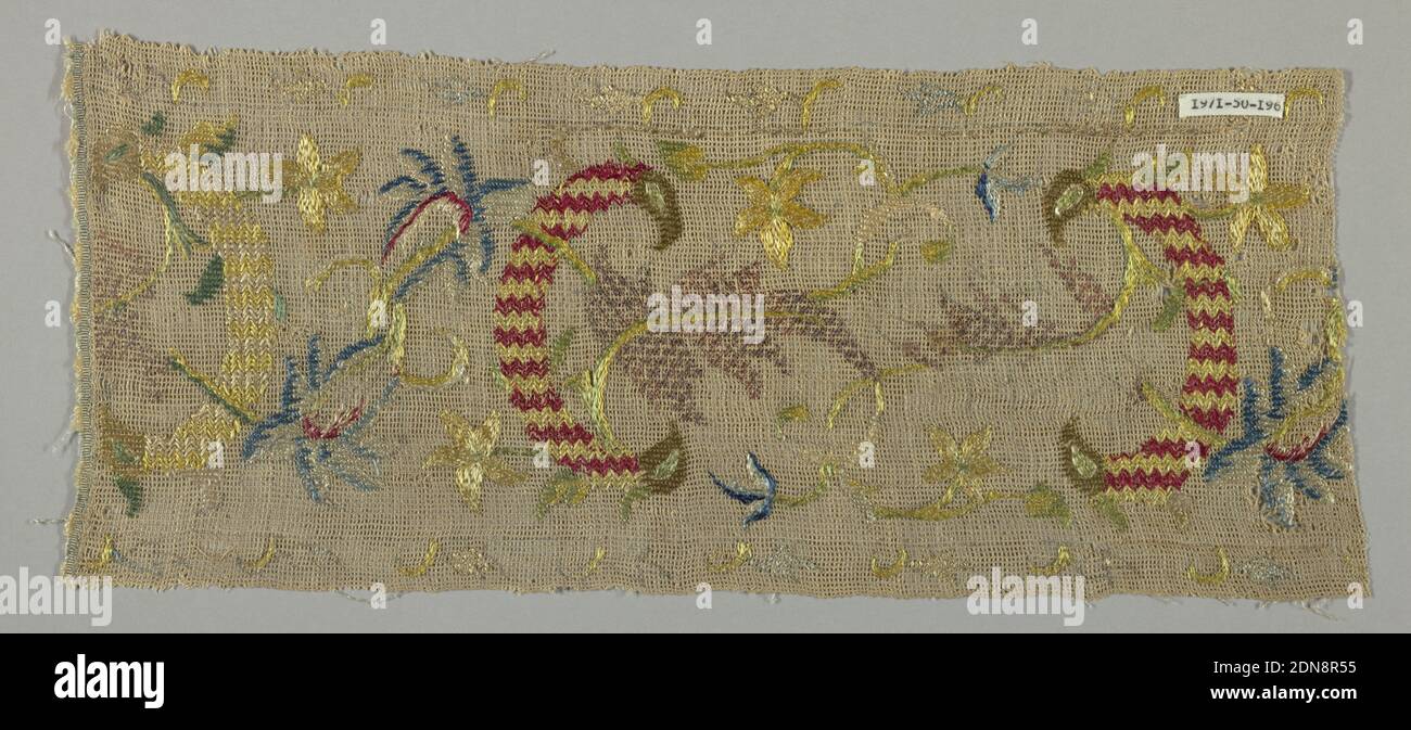 Fragment, Medium: linen, silk Technique: needlework on gauze weave (burato), Border fragment with a scrolling vine and flower pattern in multi-colored embroidery on gauze weave., Italy, 16th–17th century, embroidery & stitching, Fragment Stock Photo