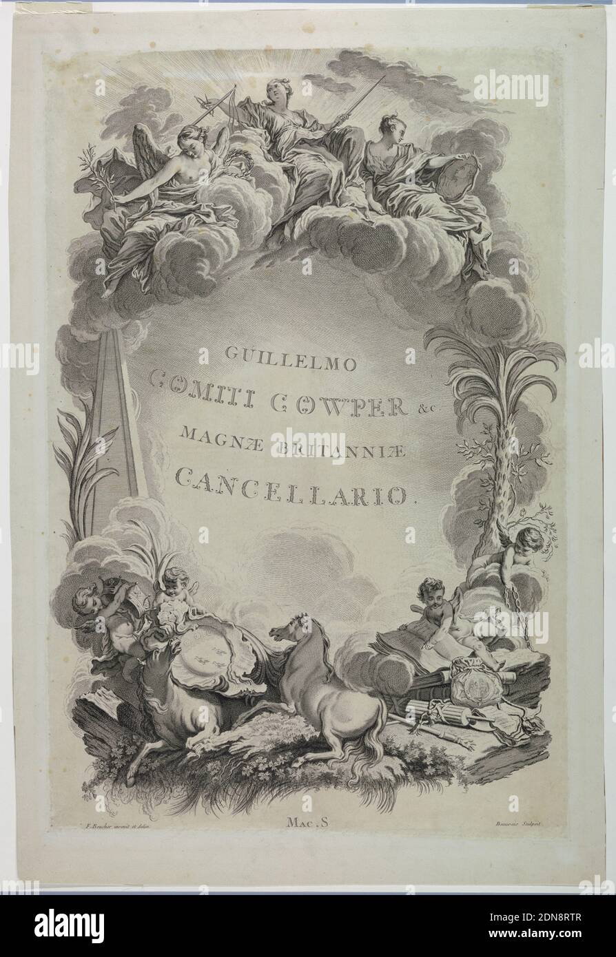Memorial to William Earl Cowper, François Boucher, French, 1703 – 1770, Nicolas Dauphin Beauvais, Engraving on cream laid paper, Leblanc 48. 'Guilelmo/Comiti Cowper/Magnae Britanniae/Cancellario.', ca. 1730, ornament, Print Stock Photo