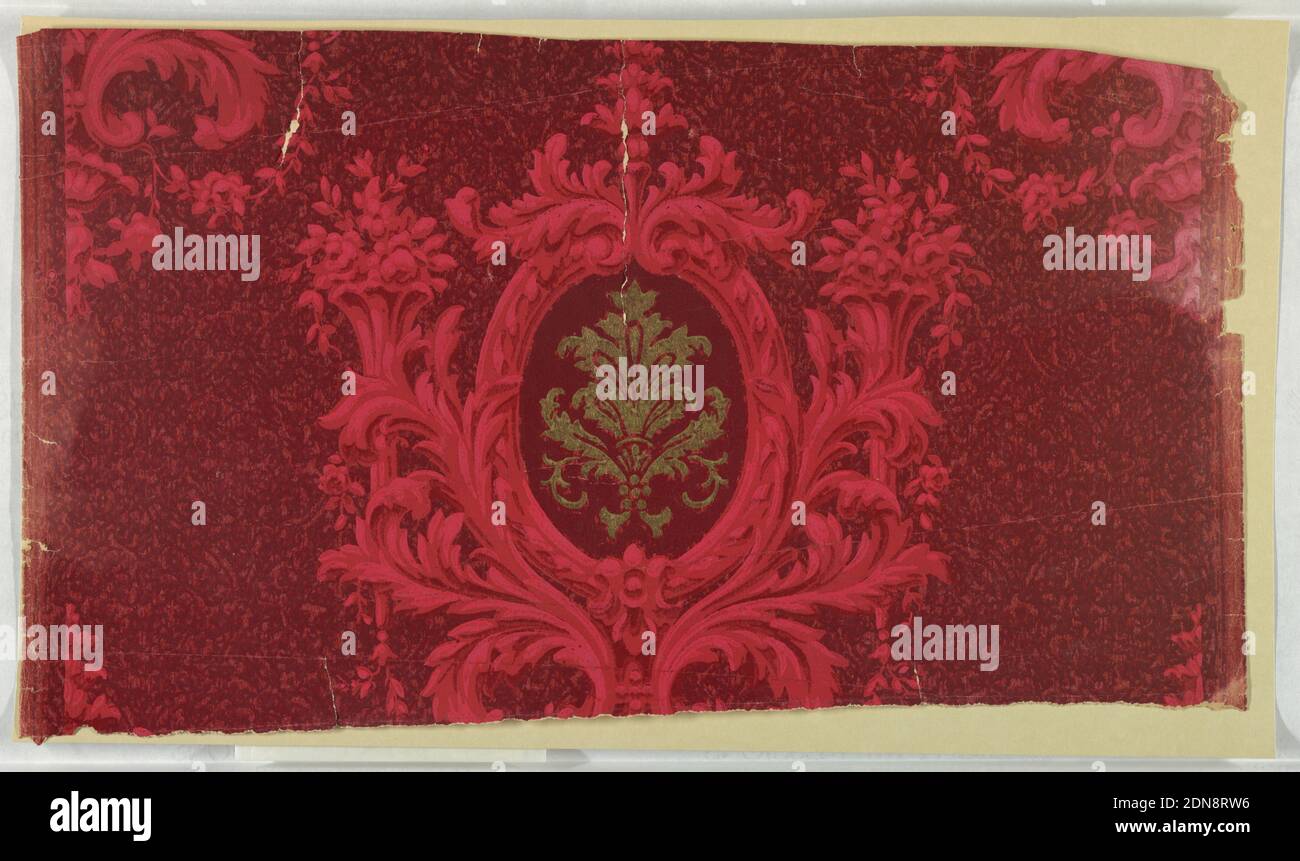 Sidewall, Machine-printed on paper, On deep red textured ground, alternating medallions in lighter red with with shiny gold center motif, encircled by foliage plumes and flanked by floral-filled sconces., USA, 1890–1915, Wallcoverings, Sidewall Stock Photo