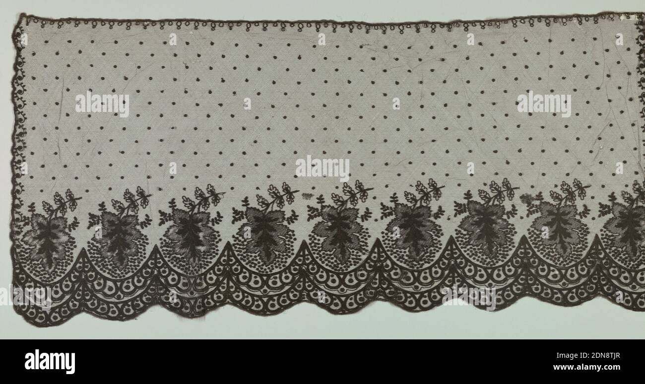 Bonnet veil, Medium: silk Technique: machine embroidery on machine-made net, Repeating scalloped border with large leaf set into each scallop along the bottom edge. Motifs are embroidered in a chain stitch onto a net ground. Narrow scroll along remaining three edges and dotted field., Europe, late 19th century, lace, Bonnet veil Stock Photo