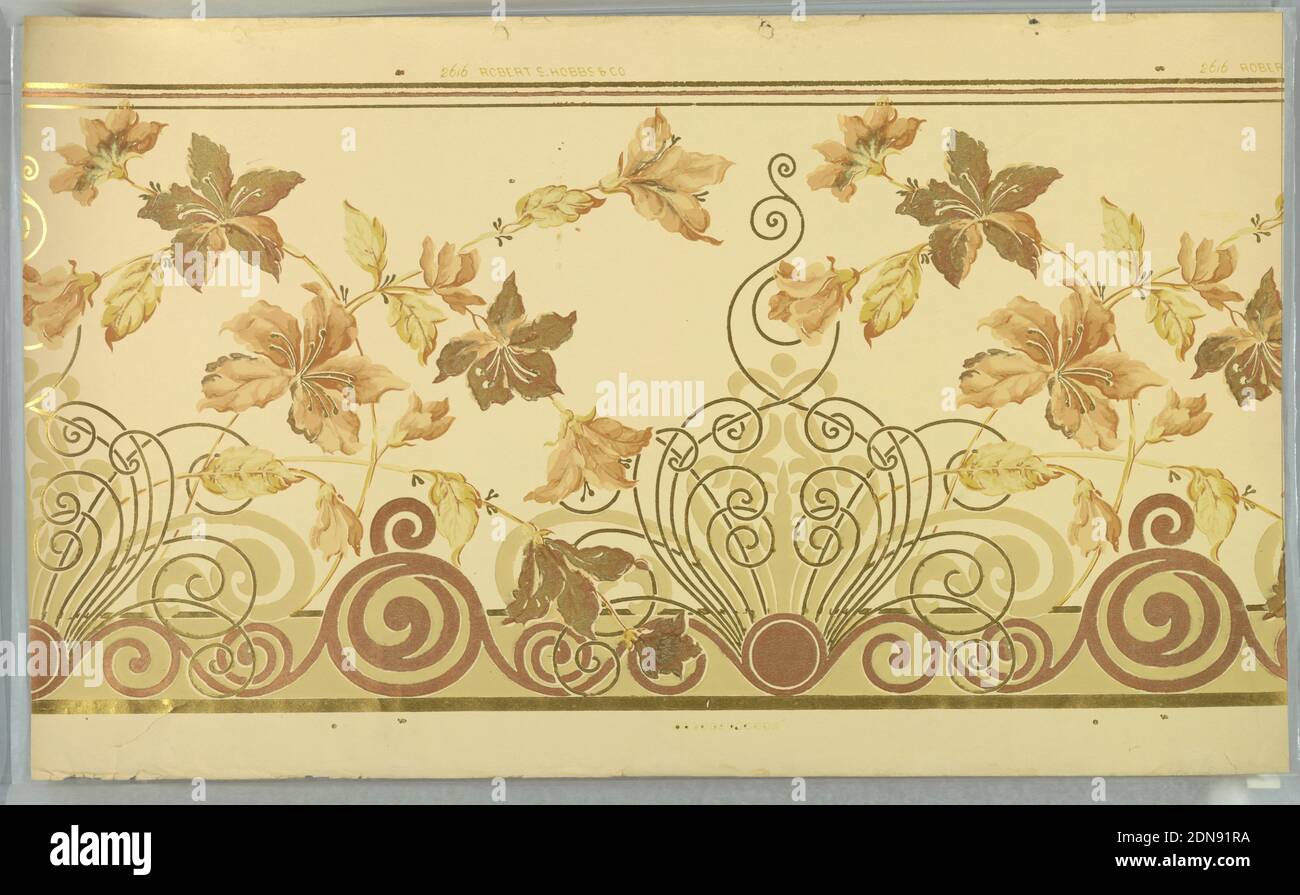 Frieze, Robert S. Hobbs & Co., Brooklyn, New York, Machine-printed paper, liquid mica, Art nouveau. Spiraling and scrolling medallions connected by vining with large flowers. Bottom band of waving scrolls/spirals. Printed on light beige ground in beige, light green, red-brown, pink-brown, metallic gold and metallic copper. Printed in top selvedge, 'Robert S. Hobbs & Co.' pattern number '2616'., Brooklyn, New York, USA, 1905–1915, Wallcoverings, Frieze Stock Photo