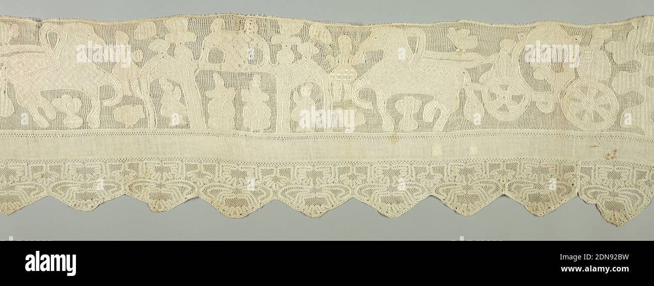 Valance, Medium: linen Technique: withdrawn element with embroidery, Symmetrical design of horse drawn coach in profile on either side of tripartite domed building. Many incidental human and plant forms. White on white with squared mesh ground. Symmetrical vermicular design in big shallow lobes of bobbin lace border., Russia, 19th century, embroidery & stitching, Valance Stock Photo