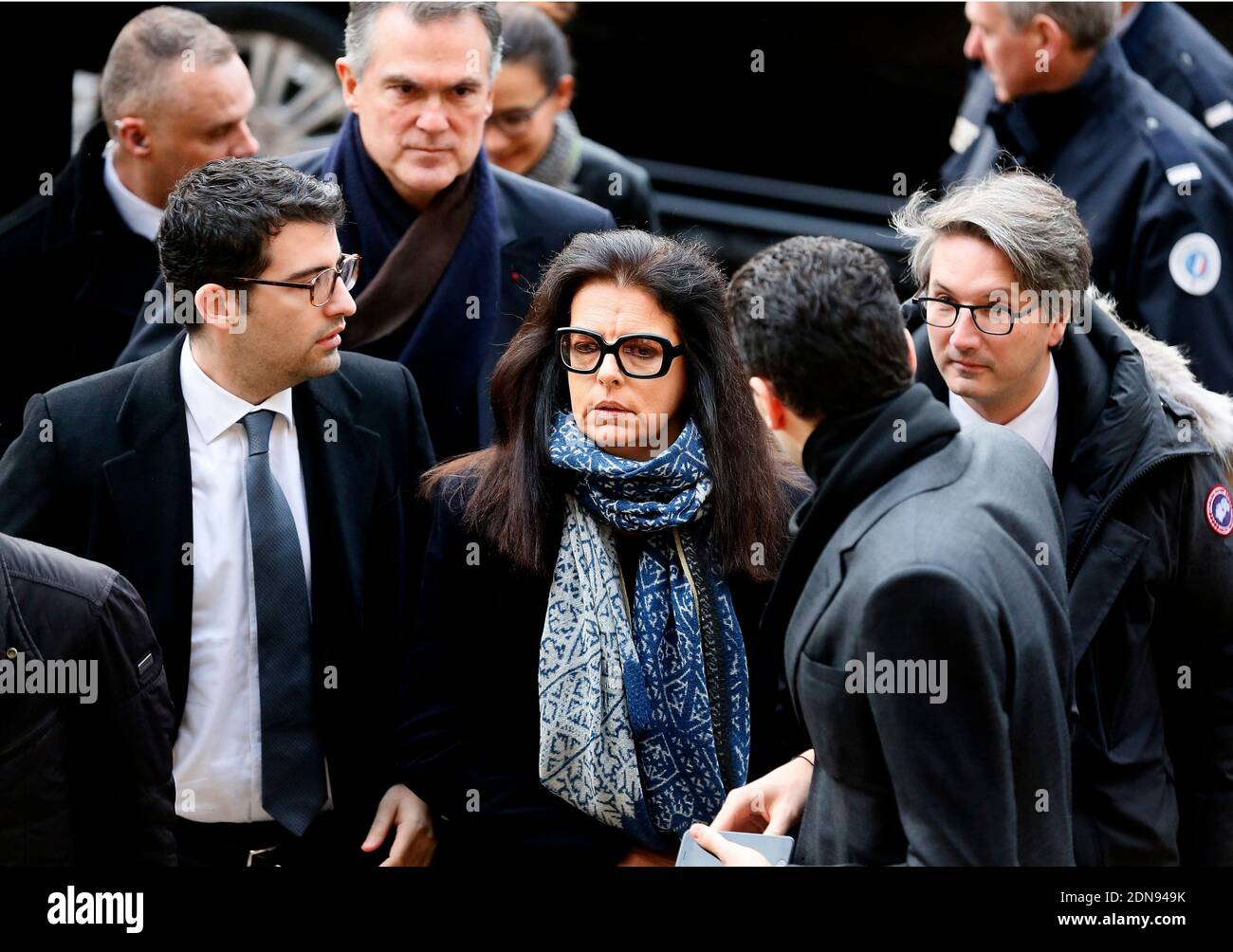 Francoise Bettencourt-Meyers, the daughter of Liliane Bettencourt, and  Olivier Pelat and her sons Nicolas Meyers (wearing glasses) and Jean-Victor  Meyers speak at court for the 5th day of the so-called Bettencourt trial