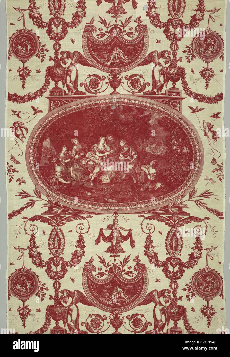 Textile, Medium: cotton Technique: printed by engraved copper plate on plain weave; mordant for red, Large oval frame enclosing the scene titled 'Telemachus in Calypsos grotto' from an engraving by J.F. Beauvarlet of 1773 after a painting by Jean Raoux of 1722., The frame is supported by an elaborate bracket with urns (an angel leaning on the urn) garlands, hanging medallions, a shield with a small scene from the Telemachus story. Length of repeat: 101cm. (39 3/4'). Lengths of repeat: 101cm. (39 3/4'). Lengths of fabric placed side-by-side would continue pattern as in a straight repeat Stock Photo