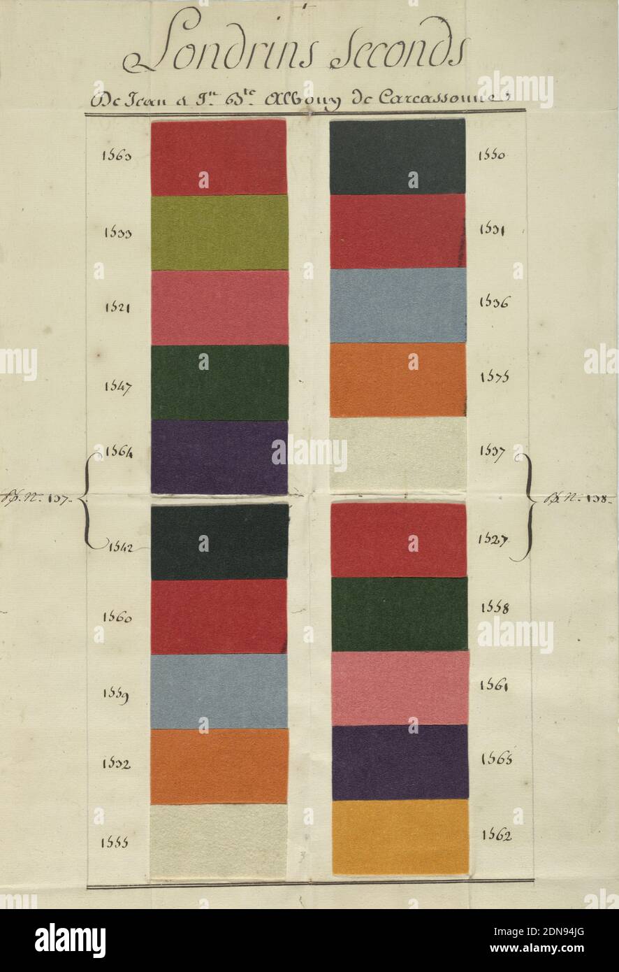 Sample sheet, Medium: paper and wool Technique: fulled plain weave, Sheet of paper pasted with double row of samples of fulled wool in bright colors, dark greens and purples, and white from Carcassonne, France. Intended for export to the eastern Mediterranean region., France, ca. 1746, sample books, Sample sheet Stock Photo