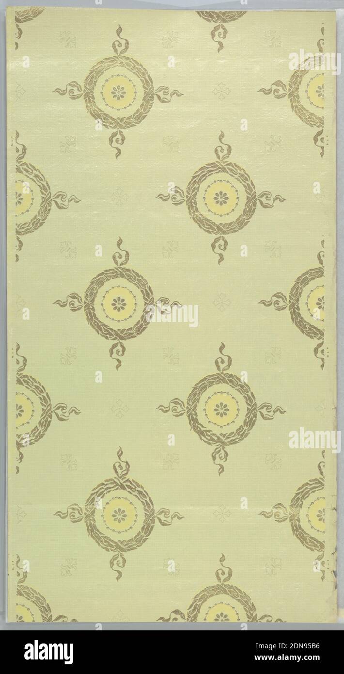 Ceiling paper, Machine-printed paper, textured, Foliate wreaths with crossed ribbons at four opposite points, with each continuing into a ribbon projection, circle in a strung bead circle centered within. Alternating secondary motifs form a faint grid pattern. Printed in metallic gold and yellow on light green ground., USA, 1905–1915, Wallcoverings, Ceiling paper Stock Photo
