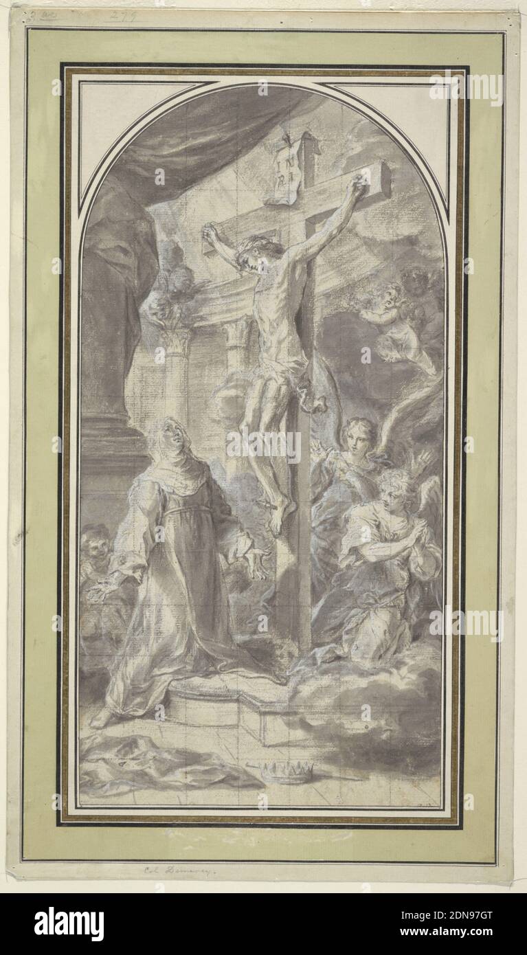 Saint Jadwiga kneeling before the Crucified Christ; preparatory drawing for an altarpiece at the church of San Stanislao dei Polacchi, Rome, Szymon Czechowicz, Polish, 1689 - 1775, Brush and gray wash, heightened with white, over black chalk, on beige laid paper; squared for transfer in black chalk, Figure of Saint Jadwiga adoring Jesus on the Crucifix. Angels and other figures at the base of the Crucifix, drapery and column at upper left, a crown at lower center. Paper arched at the top, lined, with elaborate mount., Italy, 1724–1725, figures, Drawing Stock Photo