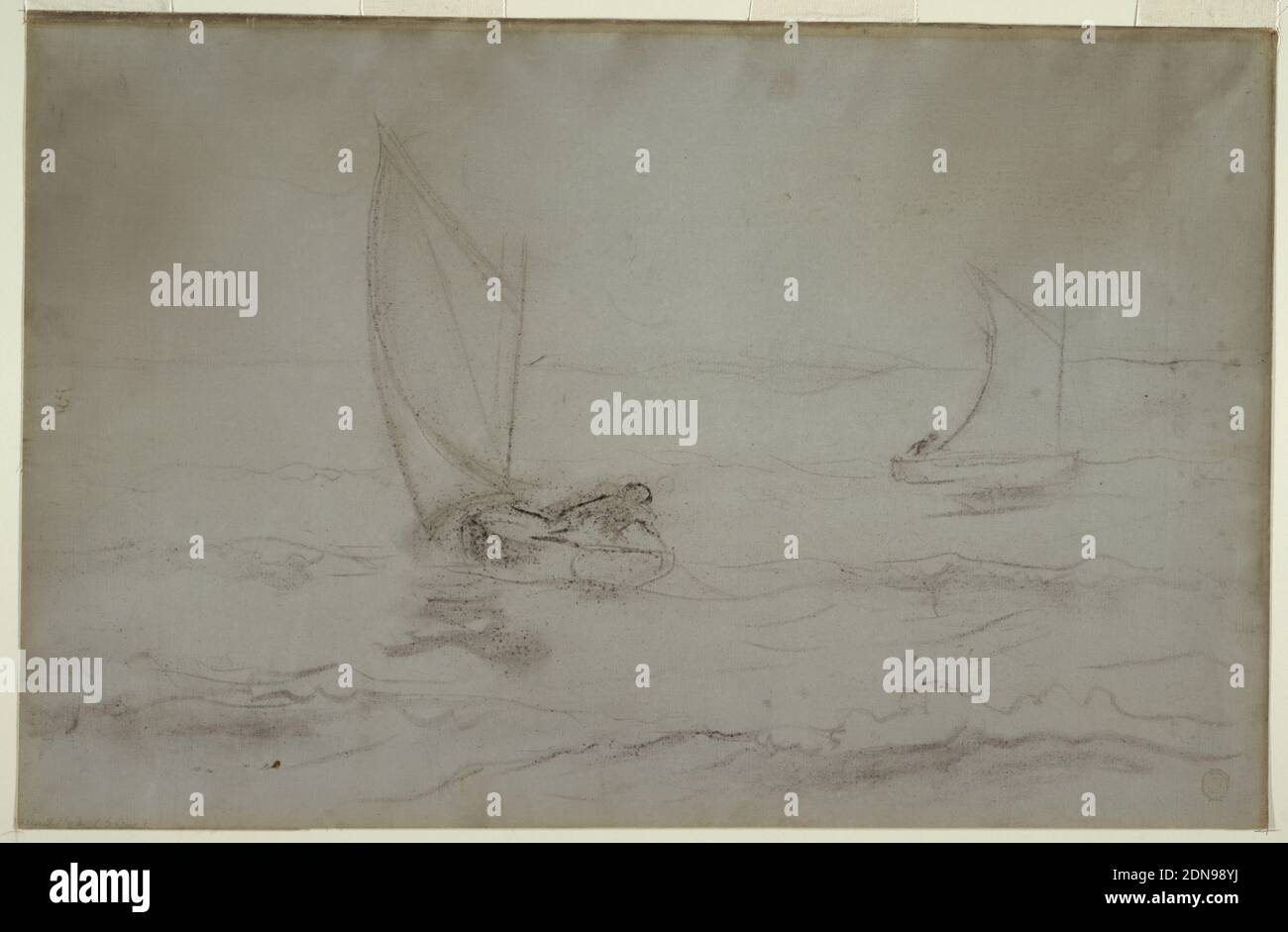Two Sloops Sailing, Winslow Homer, American, 1836–1910, Charcoal on canvas, Horizontal slight drawing, with indication of billows in foreground, left cener, and a sloop sails obliquely to left, while beyond, at right, a smaller sloop sails to the right., USA, ca. 1890, seascapes, Drawing Stock Photo