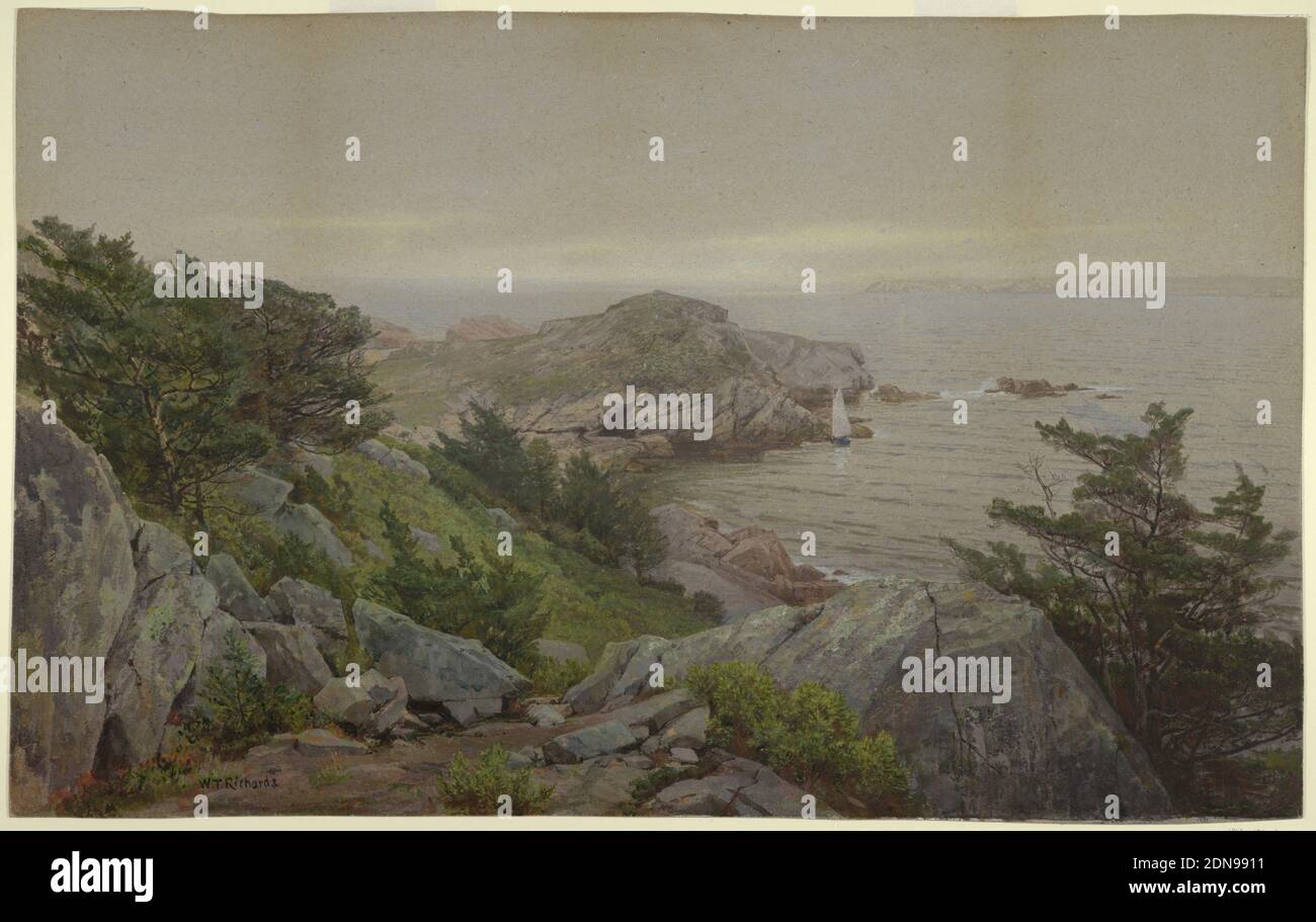 Mackerel Cove, William Trost Richards, American, 1833–1905, Pen and black ink, brush and watercolor, gouache, crayon, traces of graphite on heavy gray wove paper, At the left, a rugged, rocky hillside, studded with pine trees, slopes down toward an inlet that opens out to the ocean in right distance. A small gaff-rigged boat sails near a rocky outcropping in the center, middle-ground., Jamestown, USA, 1877, landscapes, Drawing Stock Photo