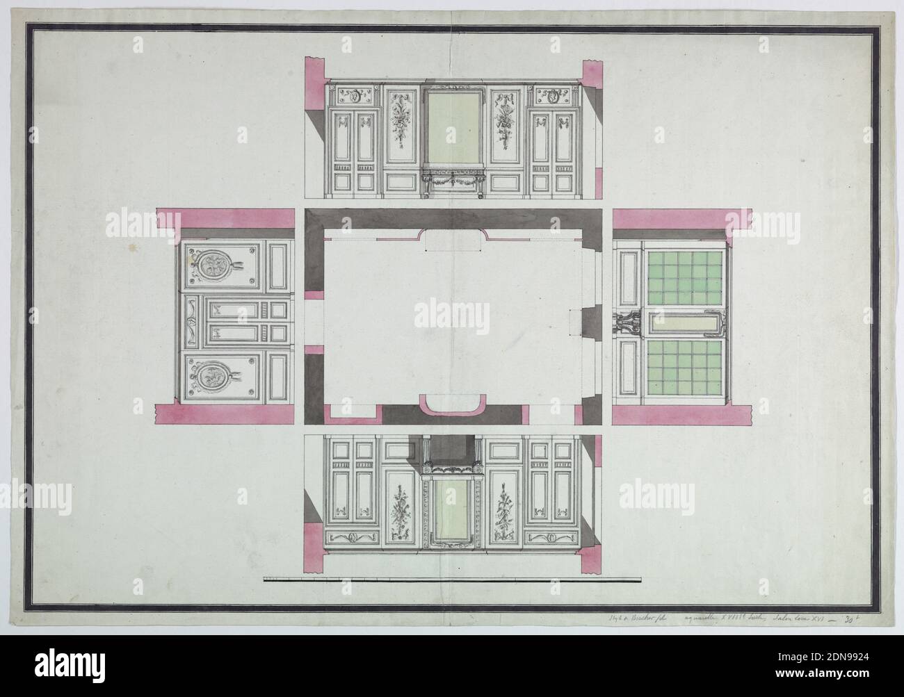 Design for Four Walls of a Salon, Pen and black ink, pink, green, black wash on ivory laid paper, ruled black in border, Elevation of four walls around the floor plan of a salon. Wall 1: fireplace; Wall 3: Windows; Wall 3: center door; wall 4: mirror flanked by pair of doors. Inscribed in pencil at lower margin: Style de Boucher fils - aquarelle XVIIIe siecle, salon Louis XVI - 30L; inscribed in pencil on verso: Dessin de XVIIIe s, interieur XVIIIe siecle - Guerinil - 7e, France, ca. 1780–90, architecture, interiors, Drawing Stock Photo