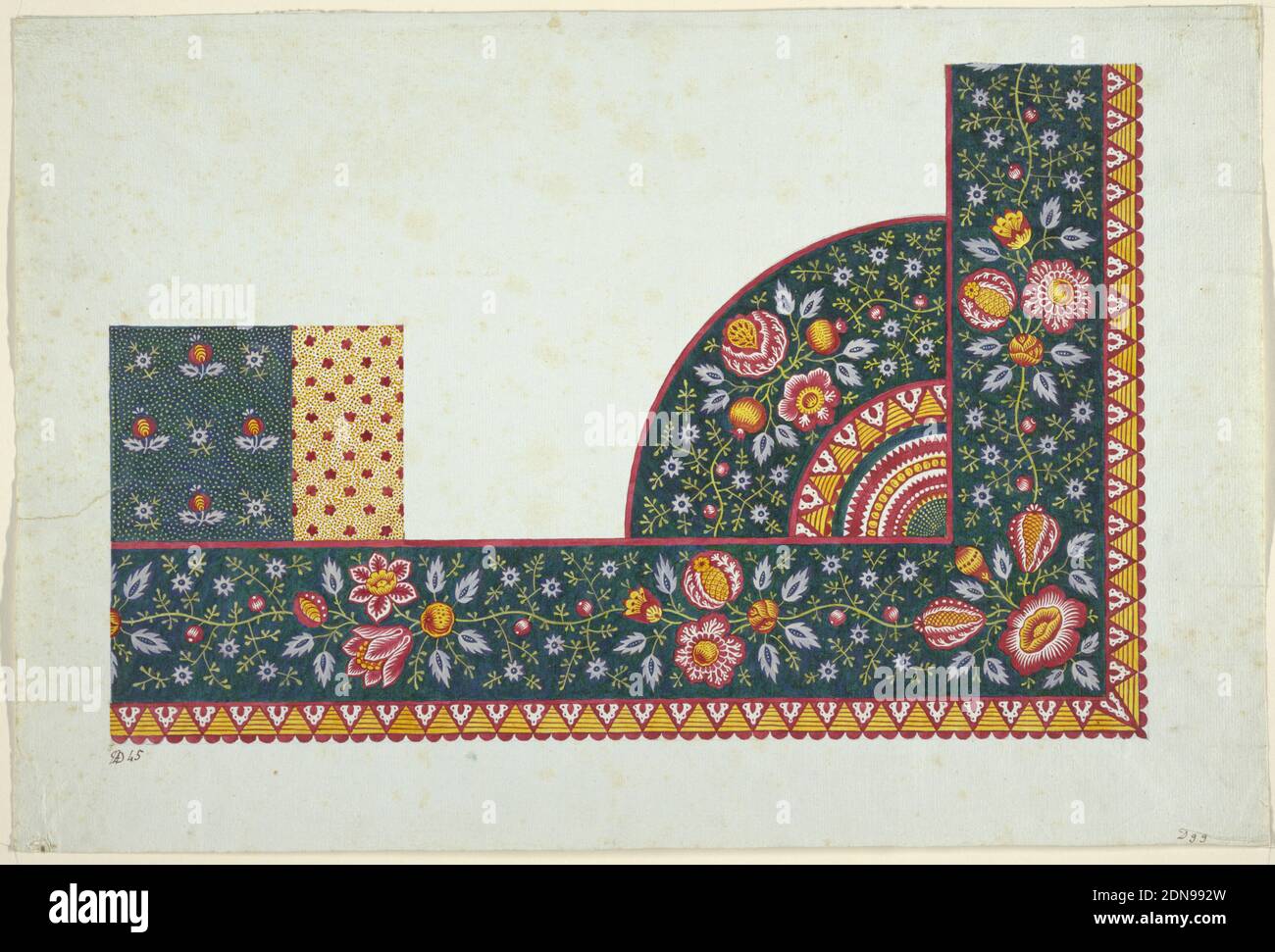 Drawing, Louis-Albert DuBois, Swiss, 1752–1818, Fabrique de Fazy aux Bergues, Graphite, brush and gouache on laid paper, Corner border design, red, yellow and white flowers with violet leaves on dark green background. Scalloped red edge on right and lower borders., Geneva, Switzerland, ca. 1801, textile designs, Drawing Stock Photo