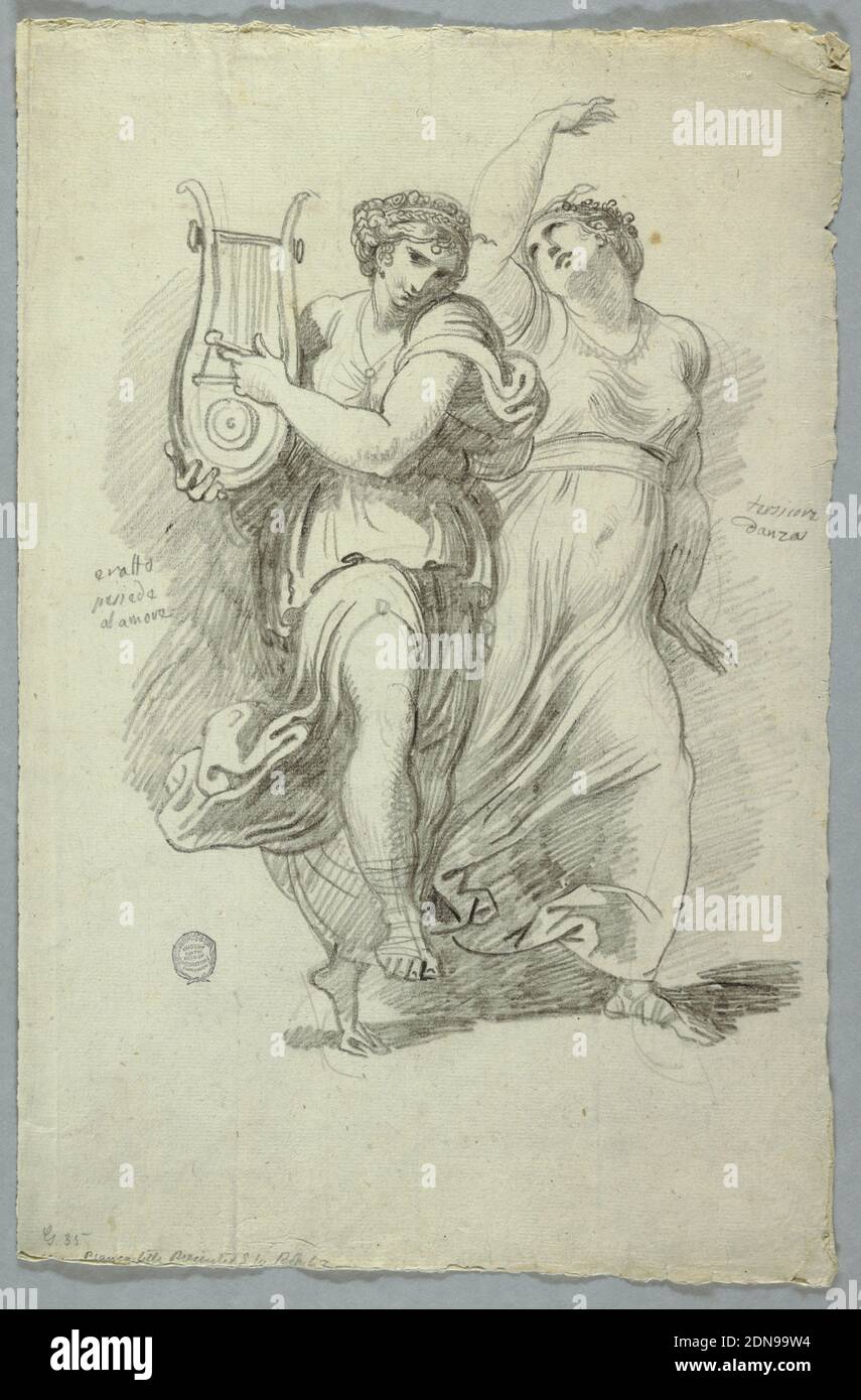 Terpsichore, Muse of Dance and Erato, Muse of Love Poetry, Felice Giani, Italian, 1758–1823, Felice Giani, Italian, 1758–1823, Graphite on laid paper, Two classically dressed women dancing. The one at left plays a lyre; the one at right raises her arm., Italy, ca. 1820, figures, Drawing Stock Photo