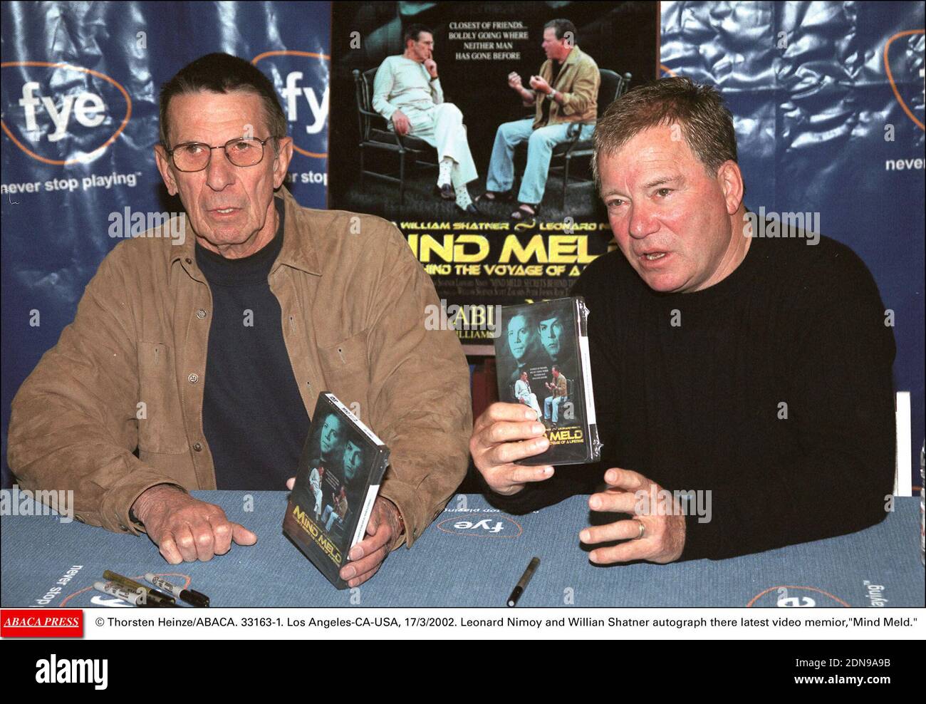 File photo : © Thorsten Heinze/ABACA. 33163-1. Los Angeles-CA-USA, 17/3/2002. Leonard Nimoy and Willian Shatner autograph there latest video memior,Mind Meld. US actor Leonard Nimoy, who played Mr Spock in the cult sci-fi series Star Trek, has died at the age of 83 in Los Angeles, his family has said. His son, Adam, said he died of end-stage chronic obstructive pulmonary disease on Friday morning. Stock Photo