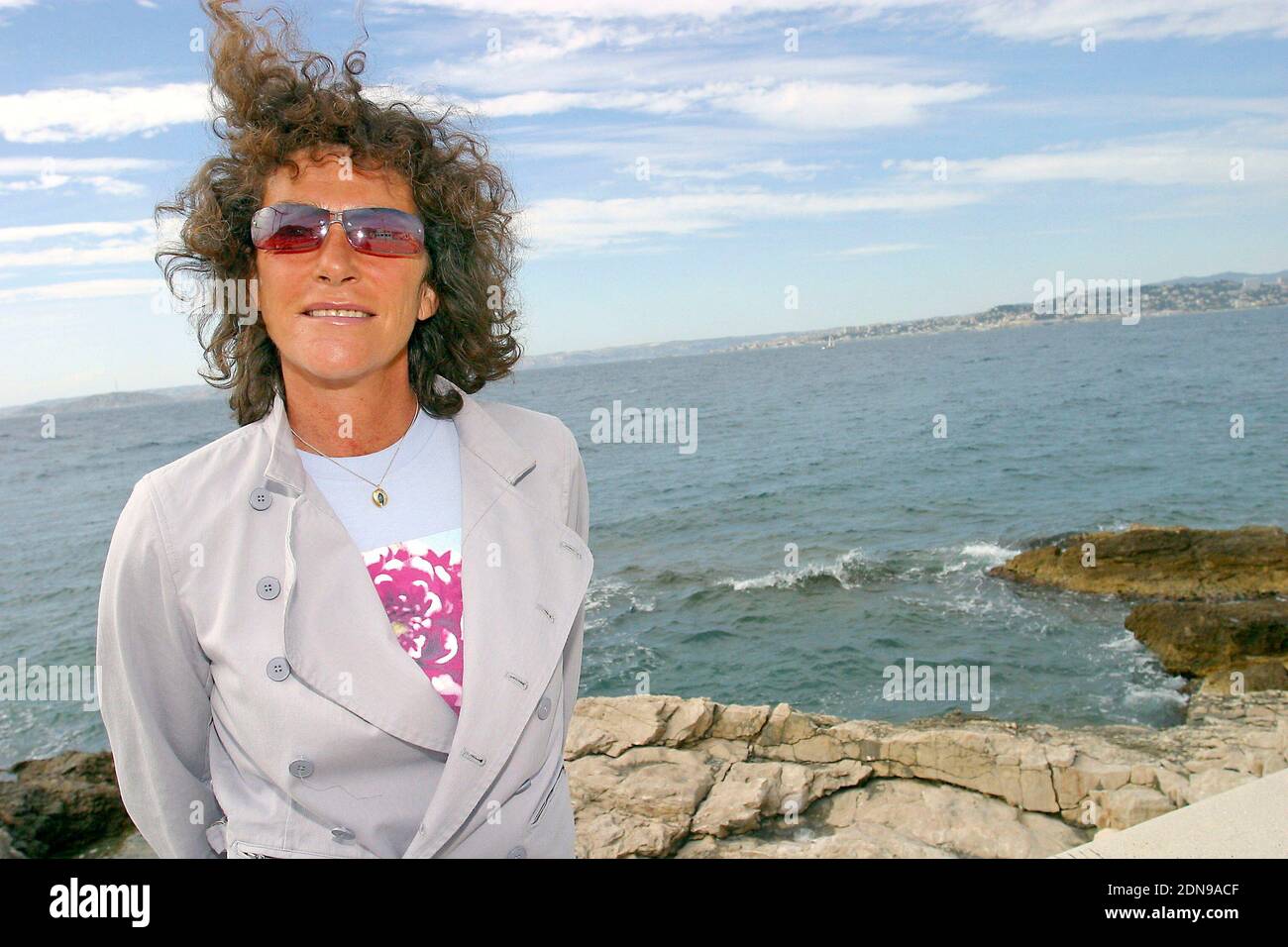 File photo : EXCLUSIVE. French skipper Florence Arthaud poses along the shoreline next to her home in Marseille's district 'La Madrague Montredon', southern France, on May 4, 2005. Eight French nationals and their two Argentine pilots all died when two helicopters collided in La Rioja province in north-west Argentina. Yachtswoman Florence Arthaud, Olympic swimmer Camille Muffat and Olympic boxer Alexis Vastine all died. The helicopters were involved in the filming of TV survival show Dropped. Photo by Gerald Holubowicz/ABACA. Stock Photo