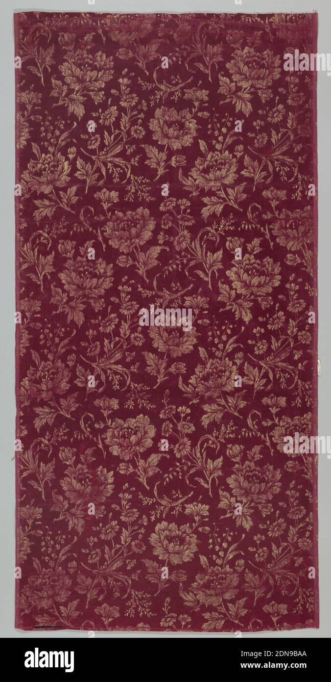 Textile, Medium: cotton Technique: cut floats of supplementary weft in plain weve foundation (velveteen), embossed and printed with gilt paint, Sprays of flowers in gold on maroon., 19th century, printed, dyed & painted textiles, Textile Stock Photo