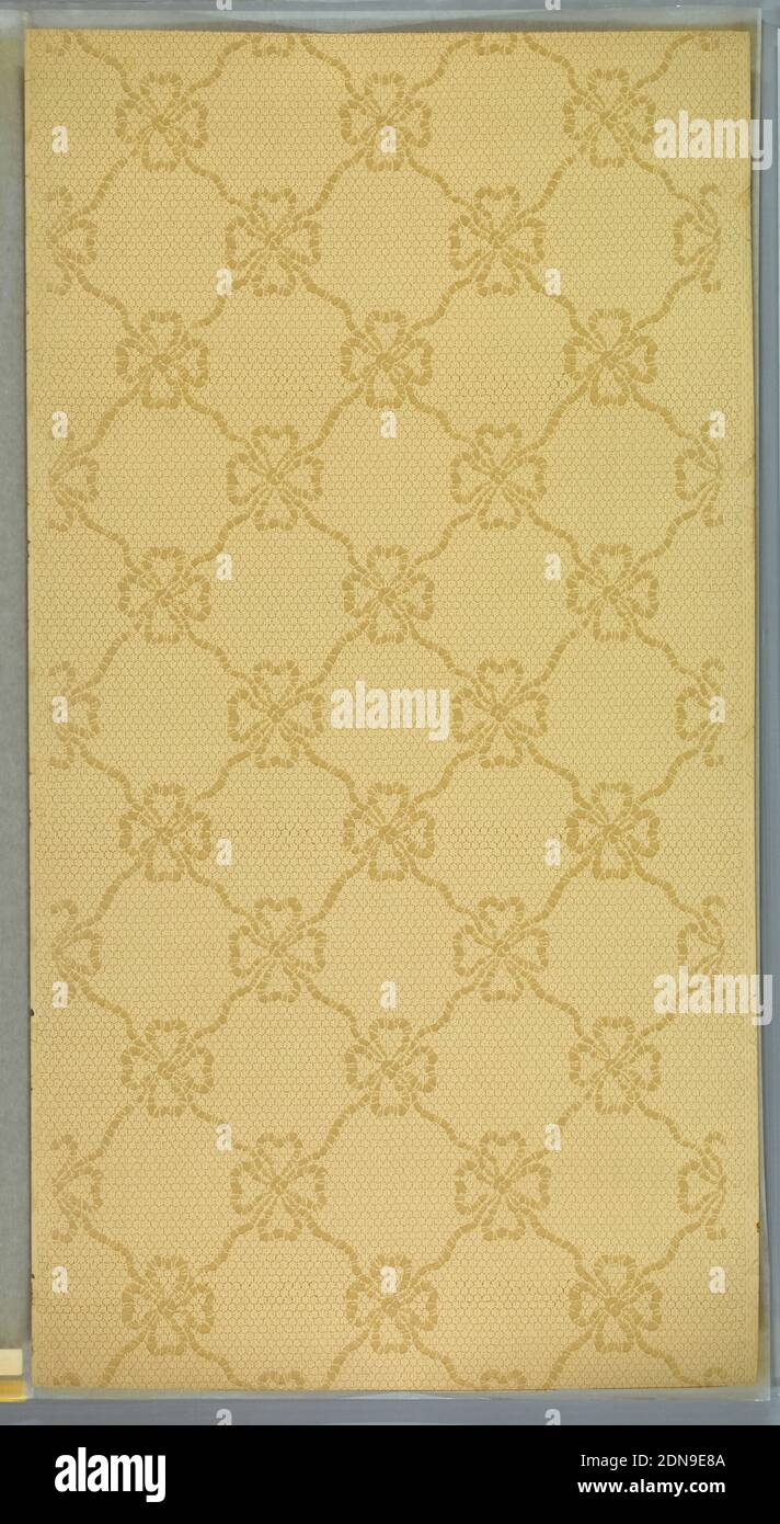 Ceiling paper, Machine-printed paper, Bow and ribbon grid painted over hexagonal grid made with dots over dashes. Ground is light beige. Printed in brown, tan, and beige., USA, 1905–1915, Wallcoverings, Ceiling paper Stock Photo