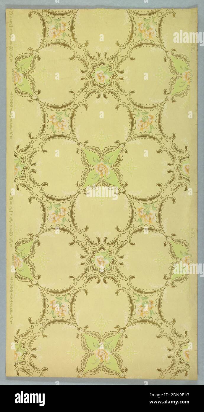 Ceiling paper, Wm. Campbell Wall Paper Company, 1872, Machine-printed paper, Large trellis pattern of alternating quatrefoils and diamond shapes with concave sides. Both shapes are outlined with foliate scrollwork, and contain large cream-colored blossoms. Faintly rendered, symmetrical sprigs of leaves sprout from points and corners. Pattern is printed in tans and greens on a khaki ground., Hackensack, New Jersey, USA, 1905–1915, Wallcoverings, Ceiling paper Stock Photo