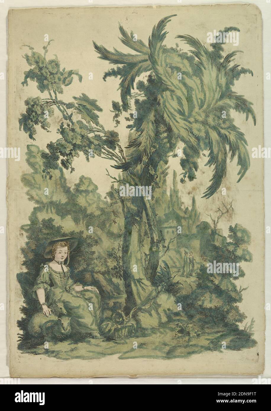 Esther before Ahasverus, Brush and watercolor on paper, mounted, Ahasverus rises from his throne at left to extend his scepter to Estcherm who is fainting and supported by women. A guard with a spear and an old man are by the throne. Trees at right and left. Bottom: 'Estcher devant Assverus' 'à Paris chés Charpentier rue St. Jacques au Coq. Avec privilège du Roy'., France, 1750–1775, Print Stock Photo