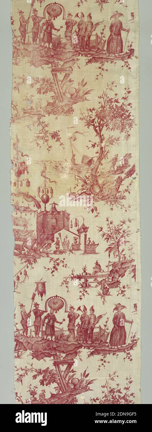 Textile, Ferdinand Favre Petitpierre & Cie, Medium: linen Technique: printed by engraved copper plate on plain weave, Panel of linen printed in red showing a chinoiserie design inspired by the Opera Panurge dans l'Isle des Lanternes: comédie lirique en trois actes written by André Ernest Modeste Grétry (1741-1813) and first performed in 1785. The design shows processions of personages in fantastic dress and performers on a stage., Nantes, France, ca. 1785, printed, dyed & painted textiles, Textile Stock Photo