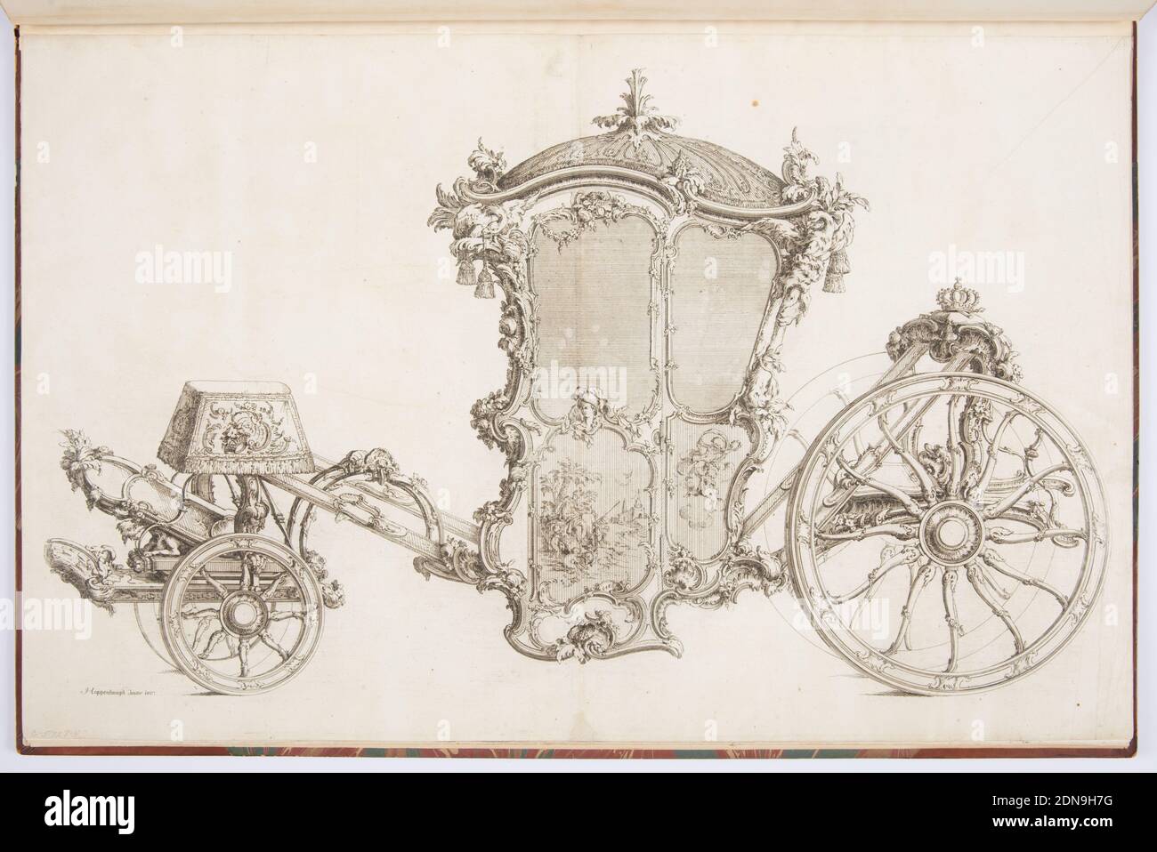 Design for a Carriage, Johann Michael Hoppenhaupt II, German, 1709–ca. 1778, Etching and engraving on white laid paper, Design for a carriage. The roof of the coach is dome-shaped with tassels hanging down. Plant ornament encompasses the coach from its door to its wheels. At the back of the coach, where the driver would presumably sit, a crown and possibly a riding crop are set upon a cushion. At the front of the coach, there are various household objects like a lamp and ornate, framed mirror. The carriage's door has a screen-like window, and below this, a framed pastoral scene., Berlin Stock Photo