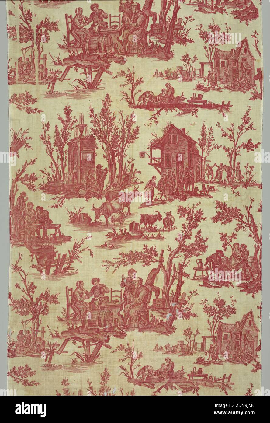 La Fête Flamand, Jean-Baptiste Huët, (French, 1745–1811), Oberkampf & Cie., (Jouy-en-Josas, France, 1759–1815), Medium: plain weave cotton Technique:printed by engraved plate, Scenes of people enjoying food and drink in a rural landscape. Red on white., Jouy-en-Josas, France, ca. 1797, printed, dyed & painted textiles, Textile with chef de piece, Textile with chef de piece Stock Photo