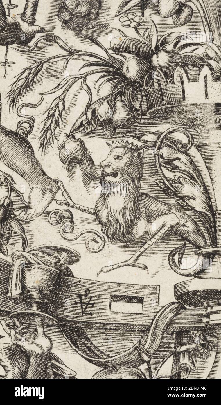 Ornamental Design, Johann Ladenspelder, German, 1515 - ca. 1580, Engraving on paper, Vertical rectangle showing a dense grotesque scene with figures with fantastic anthropomorphic figures, flora and fauna., Germany, ca. 1550, ornament, Print Stock Photo